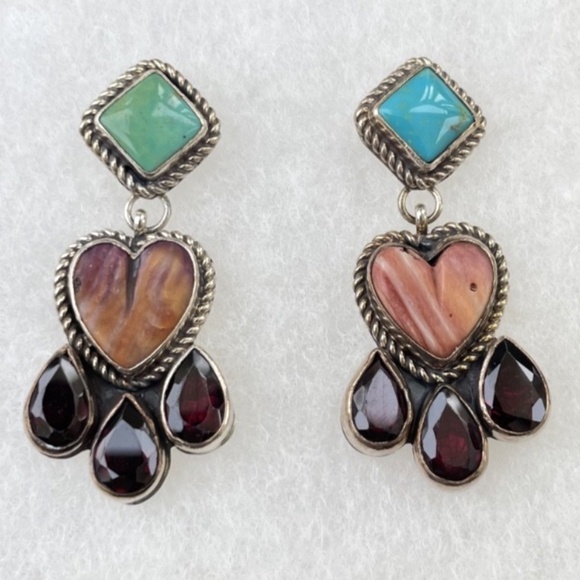 Nakai Jewelry - Sterling Nakai signed Navajo Heart Drop Earrings with turquoise and other gems